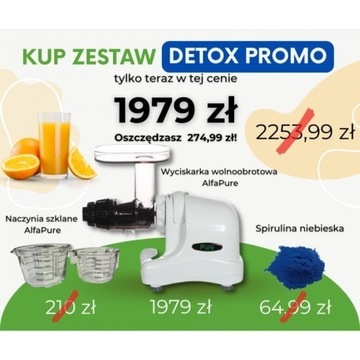 DETOX: Wyciskarka Alfa Pure + naczynia sz. + spiru