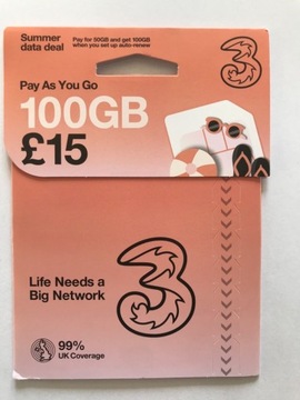 THREE 3 UK karta sim starter EU EUROPA ROAMING