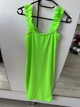 Nowa neonowa bawełniana sukienka prążek z falbanką