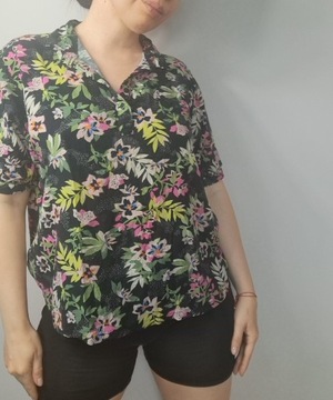 Letnia, luźna bluzka koszulowa bawełna w kwiaty , L, XL