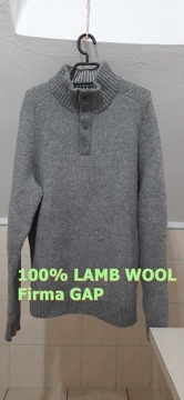 Sweter 100% wełna owcza szary GAP zamek