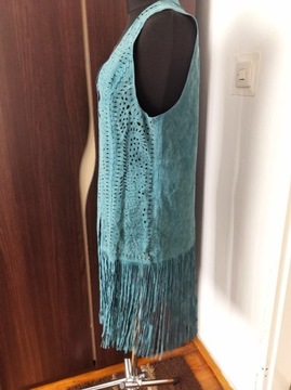 Kamizelka skórzana XL oversize boho frędzle 