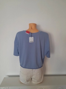 Niebieski bawełniany t-shirt bluzka crop top Lefties r. L