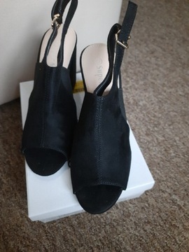 Buty damskie sandały na słupku czarne zamszowe rozm. 37/ 23.5cm/ 9 cm