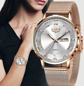 LIGE Elegancki luksusowy zegarek złoty