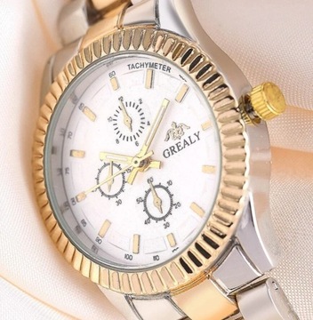 Elegancki luksusowy zegarek GREALY srebno-złoty