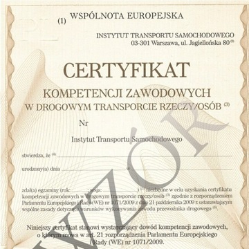 Сертификат профессиональной компетентности-перевозка вещей