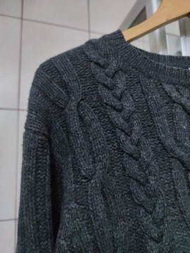 Sweter męski siwy z plecionym wzór GAP 100%wełna L