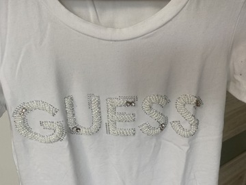 T-shirt Guess biały z cyrkoniami perełkami S