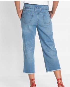Spodnie jeansowe 7/8, pasek, szersza nogawka r48 