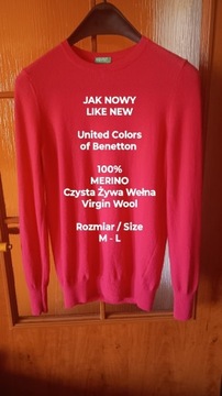 Benetton  Elegancki damski dłuższy sweterek z wełny, 100% Merino, Roz. M-L