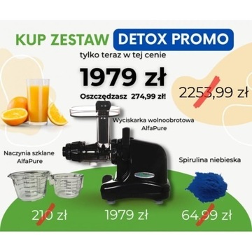 DETOX: Wyciskarka Alfa Pure + naczynia szklane + s