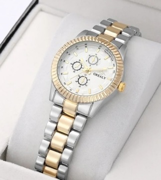 Elegancki luksusowy zegarek GREALY srebno-złoty