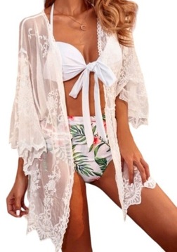 Kimono narzutka pareo na strój kąpielowy plaża wakacje lato koronka 