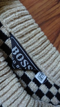 Hugo Boss sweter męski XL szachownica paski kremowy czarny szenil retro