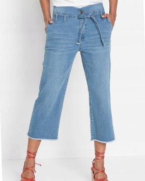 Spodnie jeansowe 7/8, pasek, szersza nogawka r48 