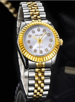 Elegancki luksusowy zegarek YOLAKO srebno-złoty