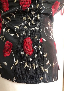 Satynowy gorset Vintage w róże, wiązany przód L/XL