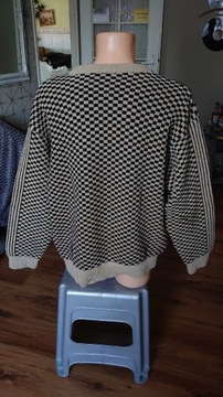 Hugo Boss sweter męski XL szachownica paski kremowy czarny szenil retro