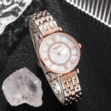 Elegancki luksusowy zegarek MEIBO srebno-złoty