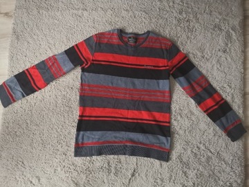 Stylowy sweter w paski Comeor, czerwony, czarny, szary, rozmiar M