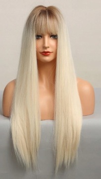 Peruka Włosy Blond Długie Grzywka Naturalny Wygląd