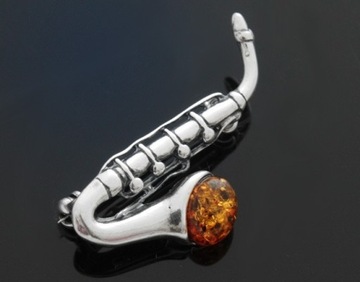 Saksofon stylowa srebrna broszka z  bursztynem