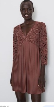 Plisowana sukienka pudrowy róż koronka Zara L 