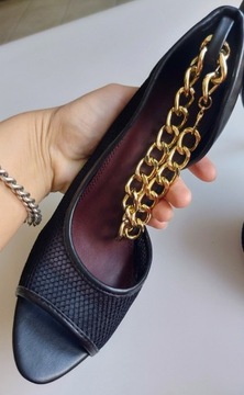 Czarne sandały łańcuch szpilki czółenka 40 skóra
