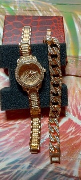 Złoty zegarek z diamentami i bransoletka Rhines