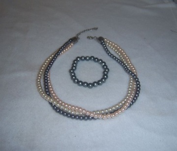 Komplet perły naszyjnik i bransoletka trzy kolory