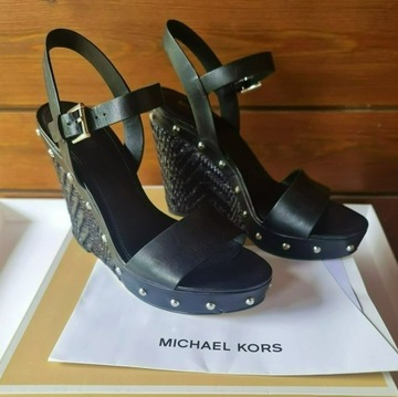 MICHAEL KORS ELLEN WEDGE CZARNE SANDAŁY KOTURNY 38