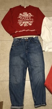 Jeansy spodnie Bershka Mom 36-38 M i bluza h&m
