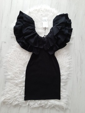ZARA piękna sukienka czarna z falbanami urocza XS