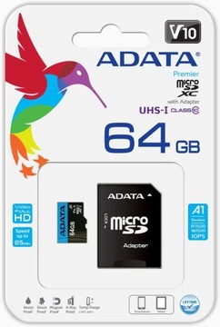 ADATA Premier UHS-I 64 ГБ, MicroSDXC, флэш-память класса 10, адаптер