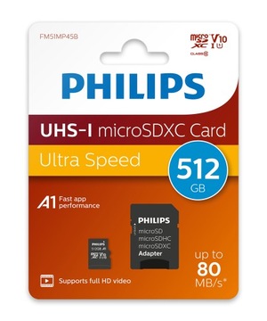 Карта памяти PHILIPS Class SDXC 512 ГБ + адаптер
