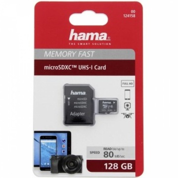 Карта памяти Hama microSDXC 128 ГБ + адаптер SD 80 МБ/с, класс C10