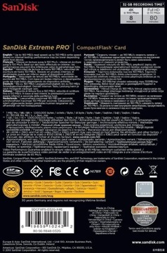 SANDISK 32 ГБ Compact Flash EXTREME PRO CF +160 МБ/с