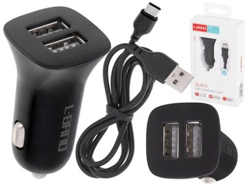 Быстрое автомобильное зарядное устройство 2,1А 2x USB + USB C кабель L-BRNO
