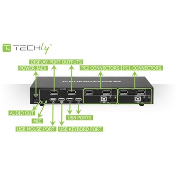 Techly 101928 KVM-переключатель 2/1 Displayport/USB