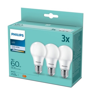 3x Żarówka LED E27 A60 8W = 60W 806lm 4000K Neutralna PHILIPS