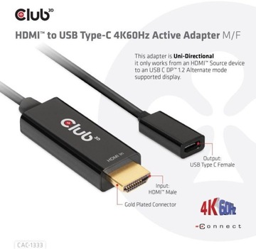 Adapter Club 3D CAC-1333 HDMI - USB-C 0,22 m czarny