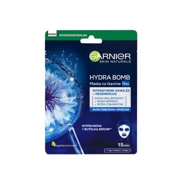 Garnier Hydra Bomb regenerująca maska na tkaninie na noc z wodą z bła P1