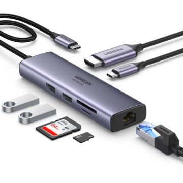 UGREEN HUB USB -C Адаптер - 2x USB HDMI 4K 60 Гц SD и TF USB C RJ45 Ethernet