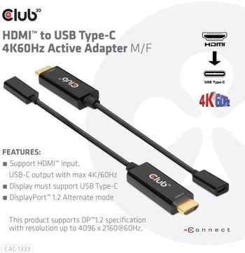 Adapter Club 3D CAC-1333 HDMI - USB-C 0,22 m czarny