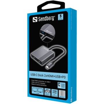 Концентратор Sandberg USB-C Dock с 2 портами HDMI + USB + PD — 136-44