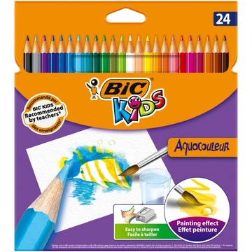 BIC AQUACOULEUR KREDKI AKWARELOWE DREWNIANE ZESTAW DLA DZIECI 24 KOLORY