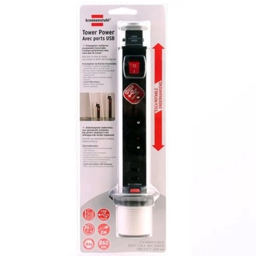 Настольный удлинительный кабель Tower-Power 3 розетки + 2xUSB 2 м H05VV-F 3G1.5 вкл.