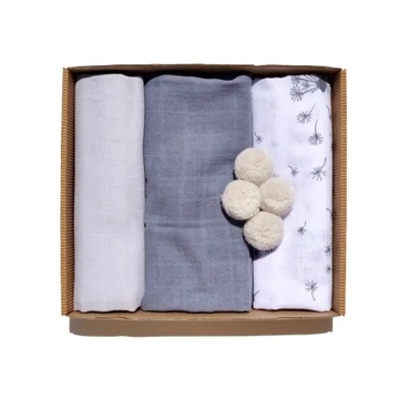 Муслиновые подгузники, комплект из 3 шт., серые, 60х80см, с помпонами.