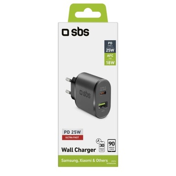 SBS PD 1xUSB 1xUSB-C Сетевое зарядное устройство 25 Вт, черный